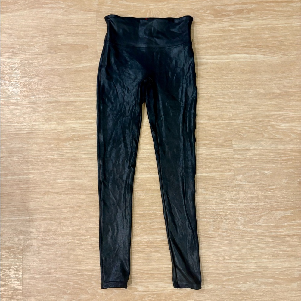 SPANX Faux Leather Leggings Black S Petite High Rise Shaping 25” Inseam